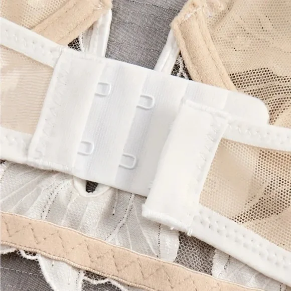 IZA Lotus Ivory Satin Embroidered Over Sheer Mesh Deep V Bustier Bra & Panties - Picture 11 of 15